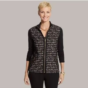 CHICOS ZENERGY COLLECTION Knit Black Lace Black/Cream Stripe JACKET Sz 3 XL 16